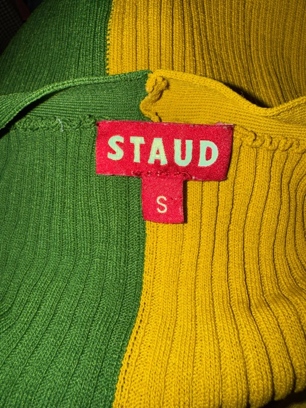 STAUD Two-Tone Ribbed Button-Front Midi Dress in Green and Mustard - Picture 4 of 5